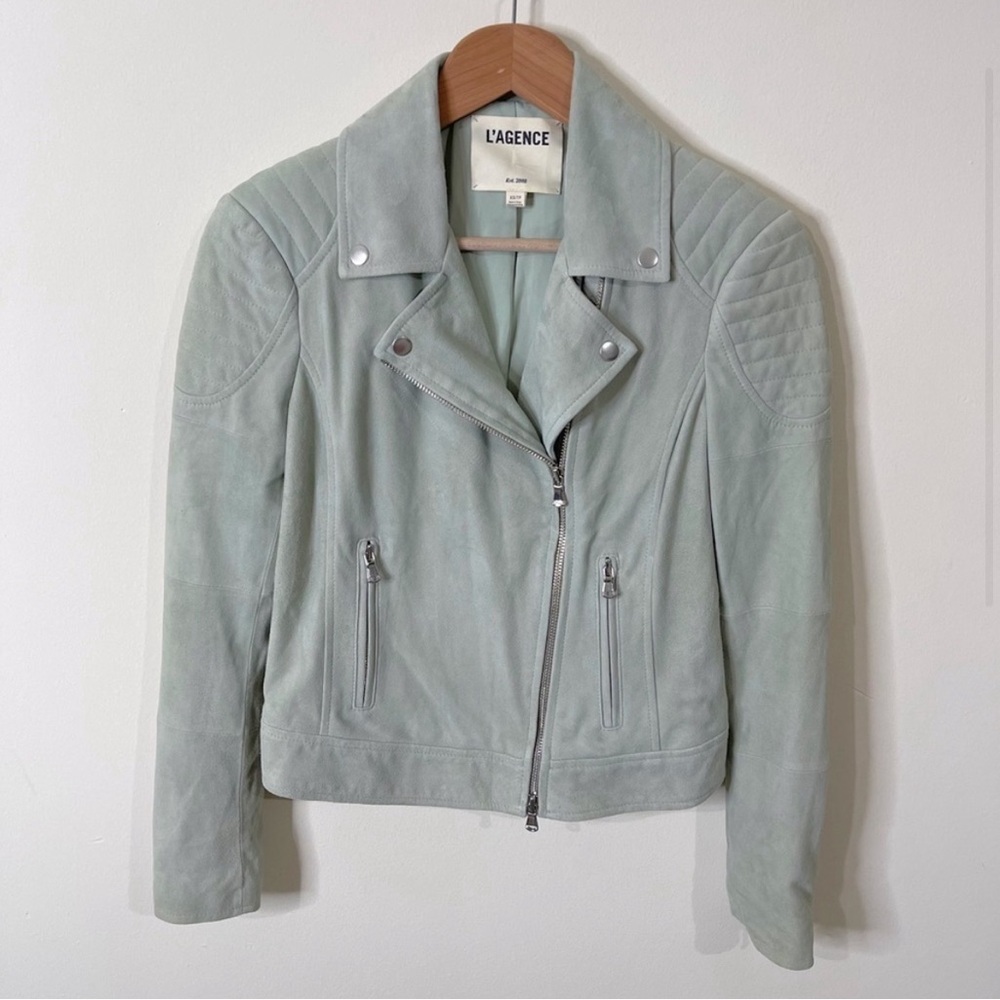 L'AGENCE Light Green Ryder Suede Moto Biker Jacket Size XS NWOT - Picture 2 of 6